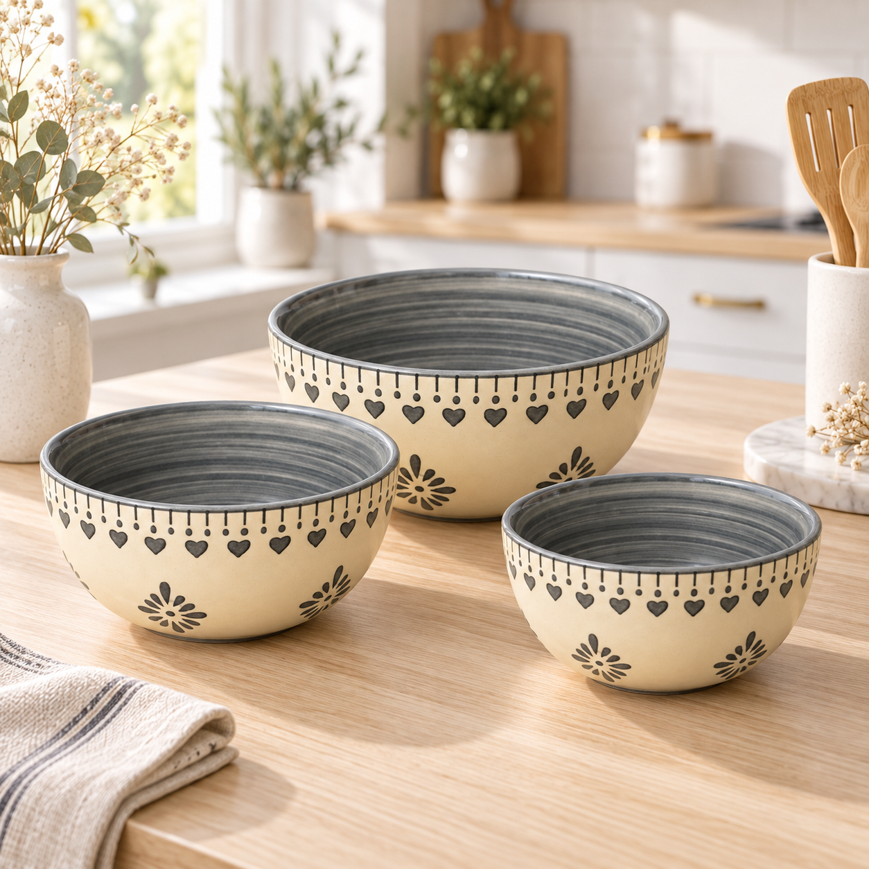 KunhaR Ceramic Mixing Bowl Set, 800 ml, 600 ml & 400 ml, Cream Grey Floral | Set of 3 Nesting Bowls for Mixing, Serving, Salad, Pasta, Snacks & Kitchen Prep - Image 2