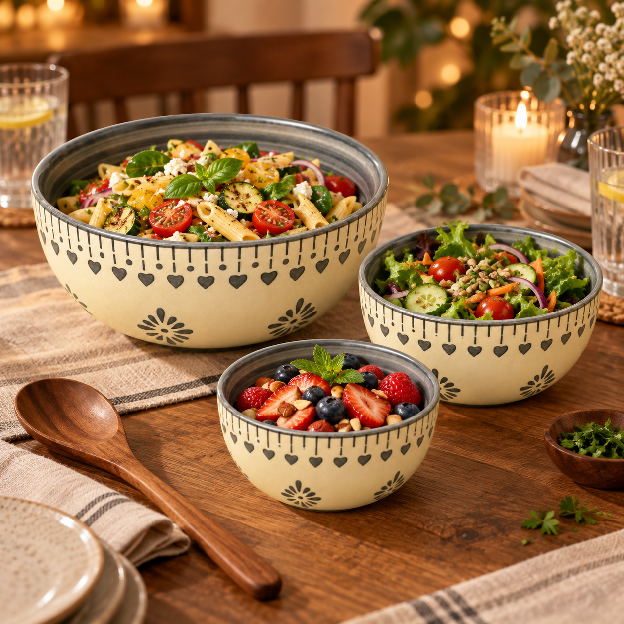 KunhaR Ceramic Mixing Bowl Set, 800 ml, 600 ml & 400 ml, Cream Grey Floral | Set of 3 Nesting Bowls for Mixing, Serving, Salad, Pasta, Snacks & Kitchen Prep - Image 3