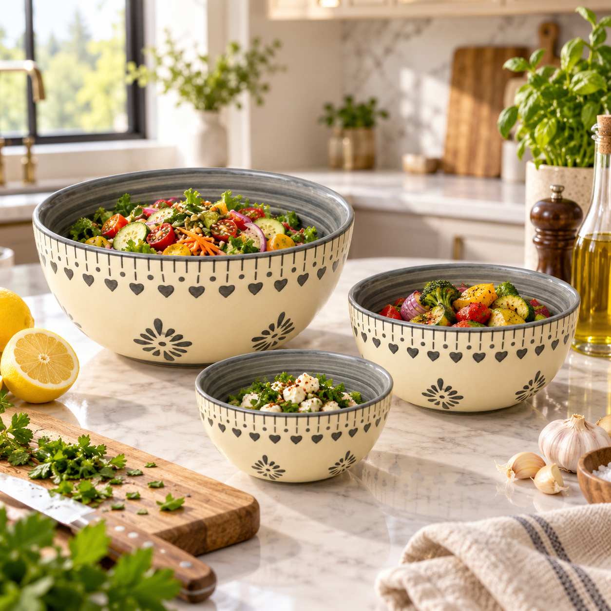 KunhaR Ceramic Mixing Bowl Set, 800 ml, 600 ml & 400 ml, Cream Grey Floral | Set of 3 Nesting Bowls for Mixing, Serving, Salad, Pasta, Snacks & Kitchen Prep - Image 4