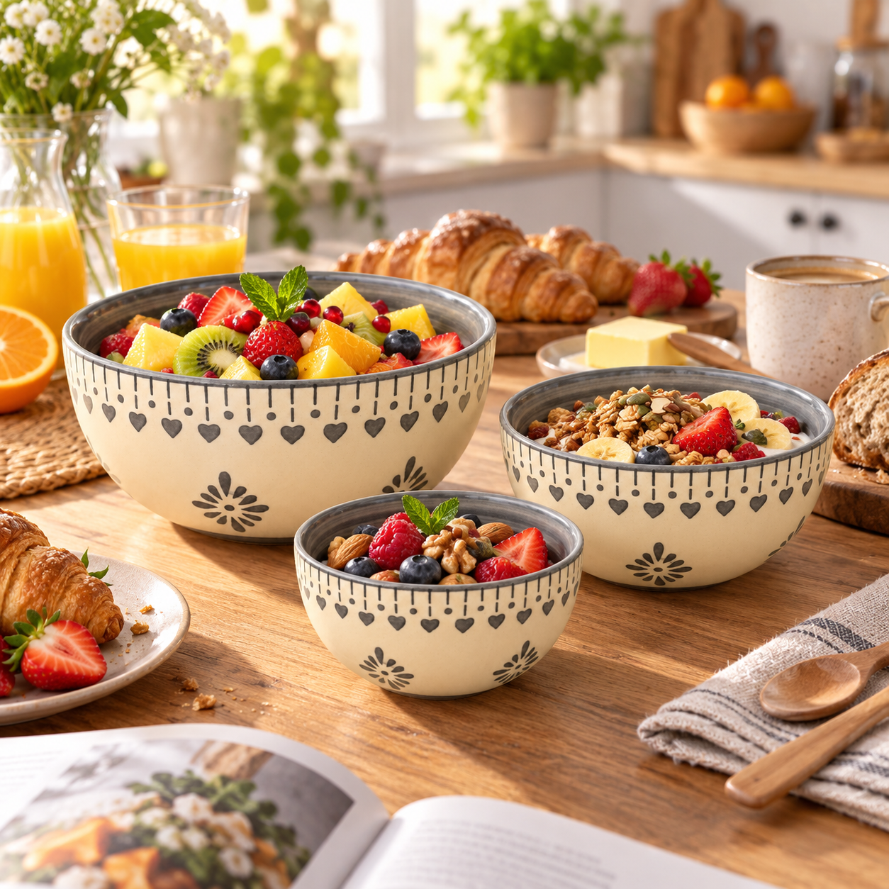 KunhaR Ceramic Mixing Bowl Set, 800 ml, 600 ml & 400 ml, Cream Grey Floral | Set of 3 Nesting Bowls for Mixing, Serving, Salad, Pasta, Snacks & Kitchen Prep - Image 5