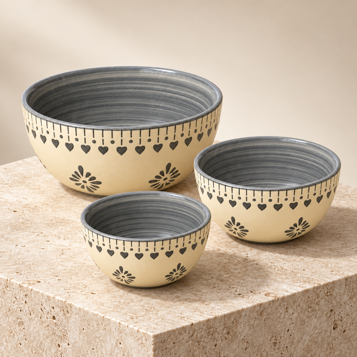 KunhaR Ceramic Mixing Bowl Set, 800 ml, 600 ml & 400 ml, Cream Grey Floral | Set of 3 Nesting Bowls for Mixing, Serving, Salad, Pasta, Snacks & Kitchen Prep - Image 6