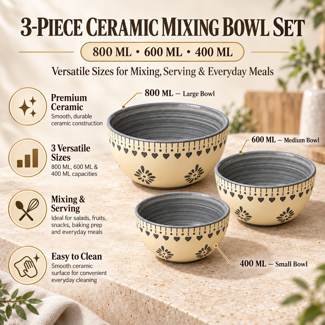 KunhaR Ceramic Mixing Bowl Set, 800 ml, 600 ml & 400 ml, Cream Grey Floral | Set of 3 Nesting Bowls for Mixing, Serving, Salad, Pasta, Snacks & Kitchen Prep - Image 7
