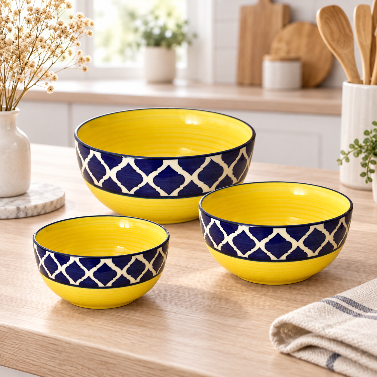 KunhaR Ceramic Mixing Bowl Set, 800 ml, 600 ml & 400 ml, Yellow Blue Chidi | Set of 3 Nesting Bowls for Mixing, Serving, Salad, Pasta, Snacks & Kitchen Prep - Image 2