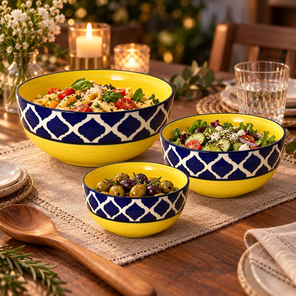 KunhaR Ceramic Mixing Bowl Set, 800 ml, 600 ml & 400 ml, Yellow Blue Chidi | Set of 3 Nesting Bowls for Mixing, Serving, Salad, Pasta, Snacks & Kitchen Prep - Image 3