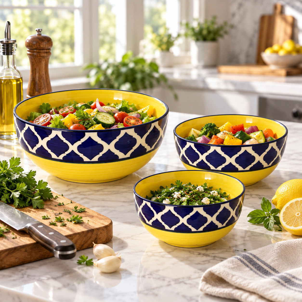 KunhaR Ceramic Mixing Bowl Set, 800 ml, 600 ml & 400 ml, Yellow Blue Chidi | Set of 3 Nesting Bowls for Mixing, Serving, Salad, Pasta, Snacks & Kitchen Prep - Image 4
