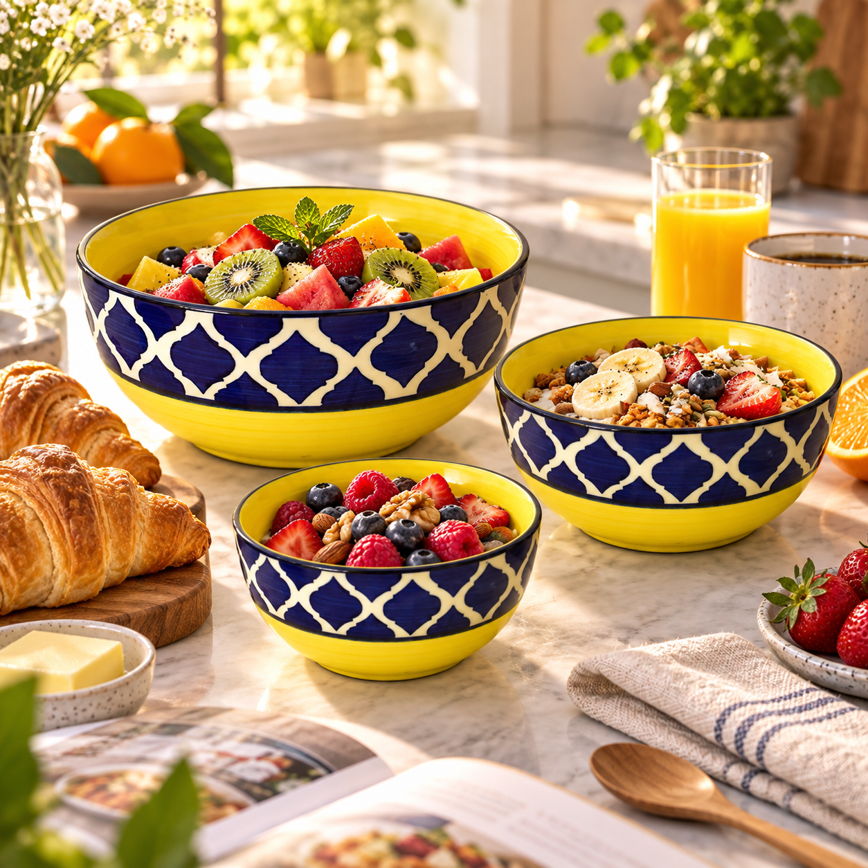 KunhaR Ceramic Mixing Bowl Set, 800 ml, 600 ml & 400 ml, Yellow Blue Chidi | Set of 3 Nesting Bowls for Mixing, Serving, Salad, Pasta, Snacks & Kitchen Prep - Image 5
