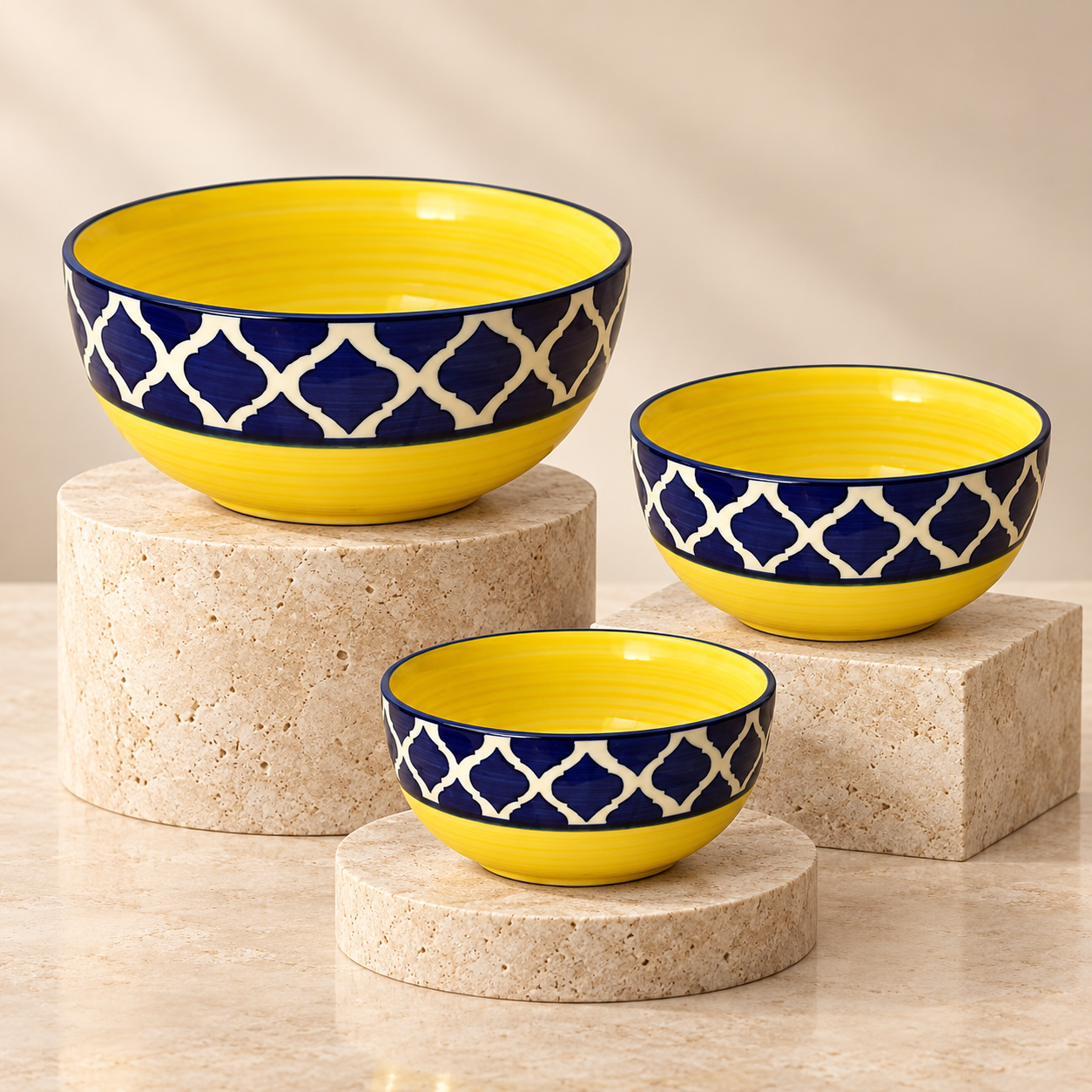 KunhaR Ceramic Mixing Bowl Set, 800 ml, 600 ml & 400 ml, Yellow Blue Chidi | Set of 3 Nesting Bowls for Mixing, Serving, Salad, Pasta, Snacks & Kitchen Prep - Image 6