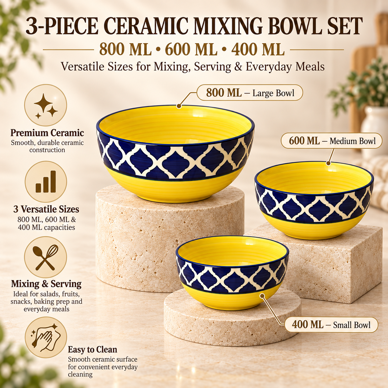 KunhaR Ceramic Mixing Bowl Set, 800 ml, 600 ml & 400 ml, Yellow Blue Chidi | Set of 3 Nesting Bowls for Mixing, Serving, Salad, Pasta, Snacks & Kitchen Prep - Image 7