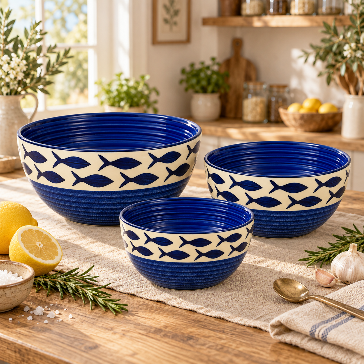 KunhaR Ceramic Mixing Bowl Set, 800 ml, 600 ml & 400 ml, Cream Blue Fish | Set of 3 Nesting Bowls for Mixing, Serving, Salad, Pasta, Snacks & Kitchen Prep