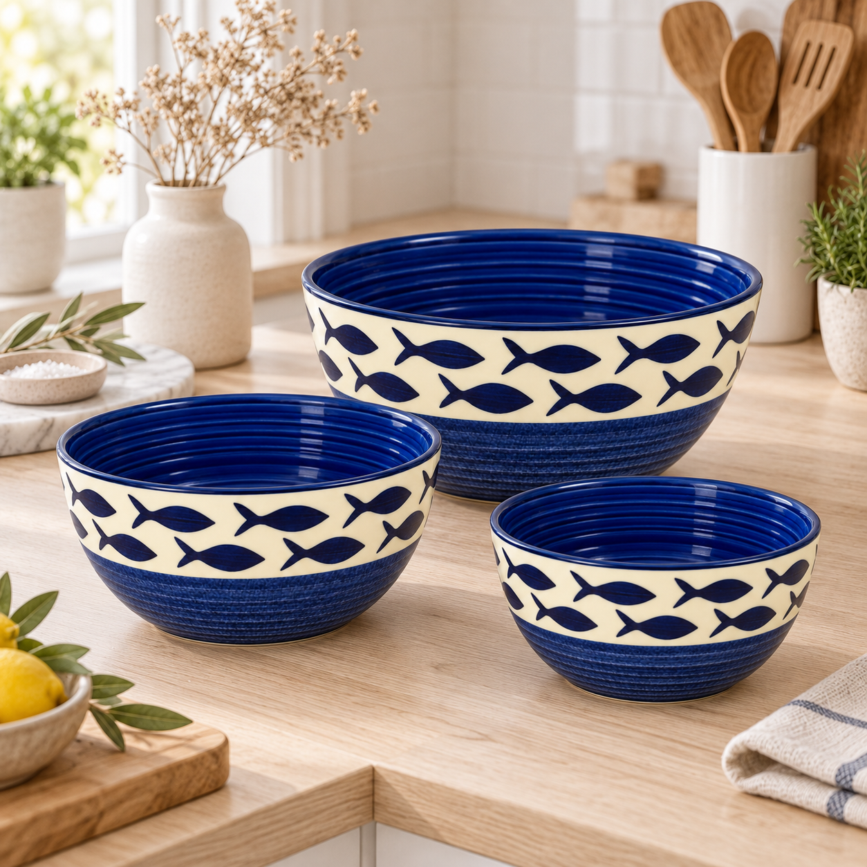 KunhaR Ceramic Mixing Bowl Set, 800 ml, 600 ml & 400 ml, Cream Blue Fish | Set of 3 Nesting Bowls for Mixing, Serving, Salad, Pasta, Snacks & Kitchen Prep - Image 2
