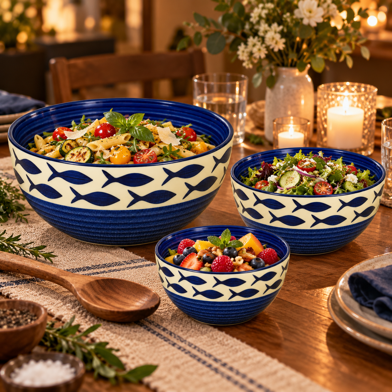 KunhaR Ceramic Mixing Bowl Set, 800 ml, 600 ml & 400 ml, Cream Blue Fish | Set of 3 Nesting Bowls for Mixing, Serving, Salad, Pasta, Snacks & Kitchen Prep - Image 3