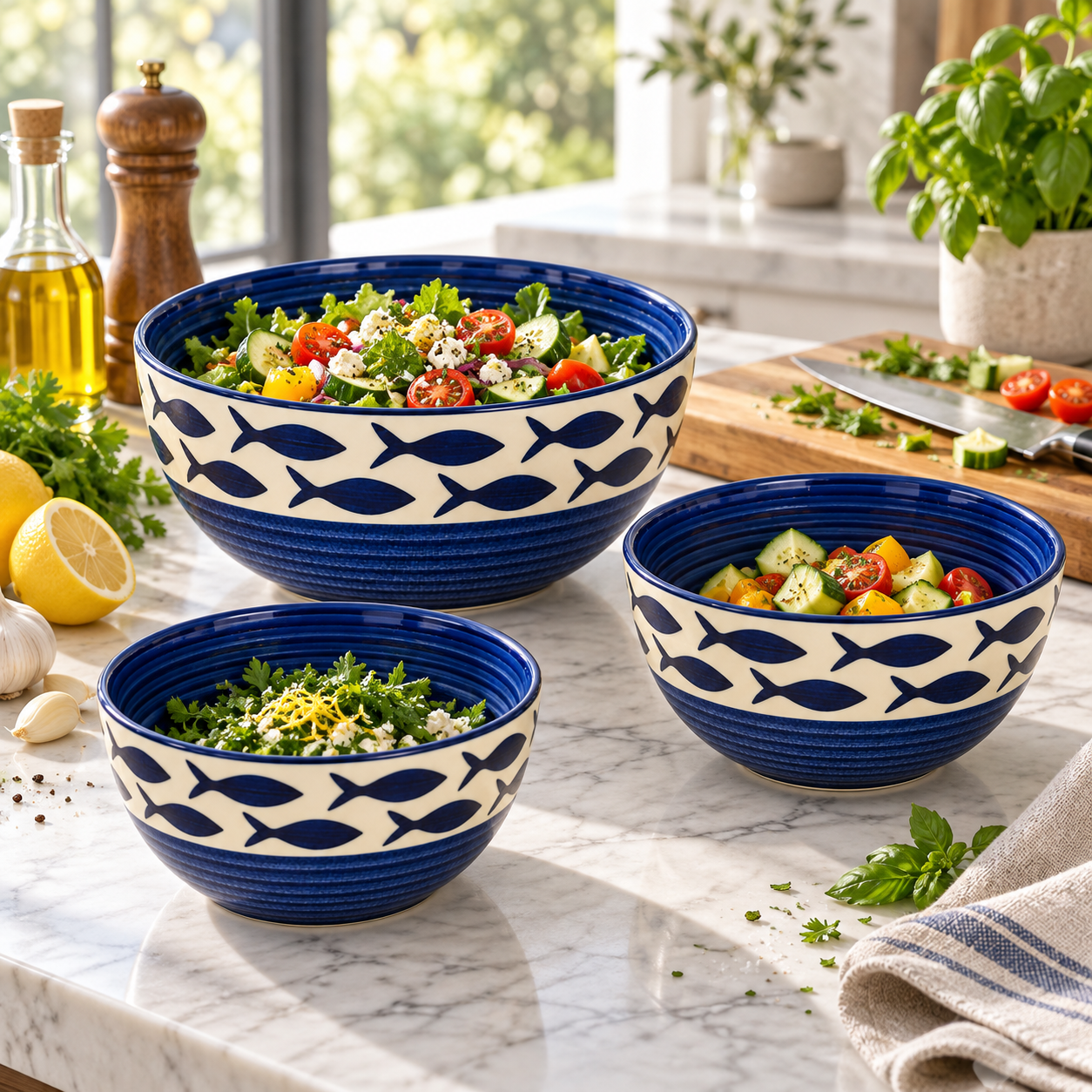 KunhaR Ceramic Mixing Bowl Set, 800 ml, 600 ml & 400 ml, Cream Blue Fish | Set of 3 Nesting Bowls for Mixing, Serving, Salad, Pasta, Snacks & Kitchen Prep - Image 4