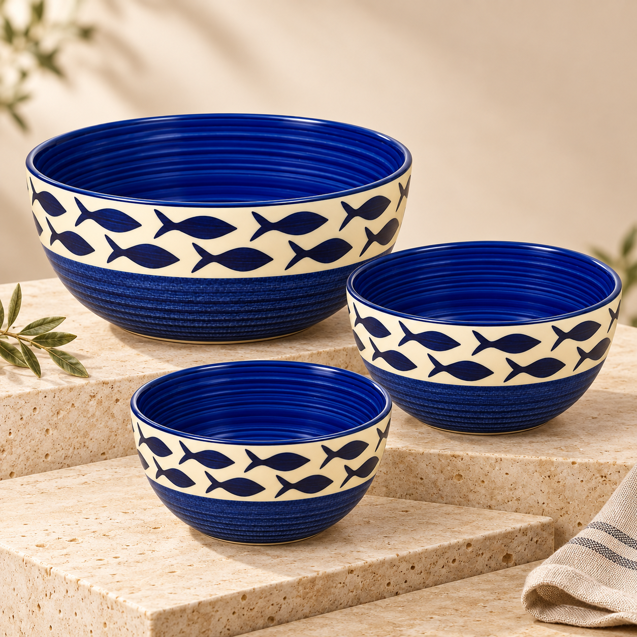KunhaR Ceramic Mixing Bowl Set, 800 ml, 600 ml & 400 ml, Cream Blue Fish | Set of 3 Nesting Bowls for Mixing, Serving, Salad, Pasta, Snacks & Kitchen Prep - Image 5