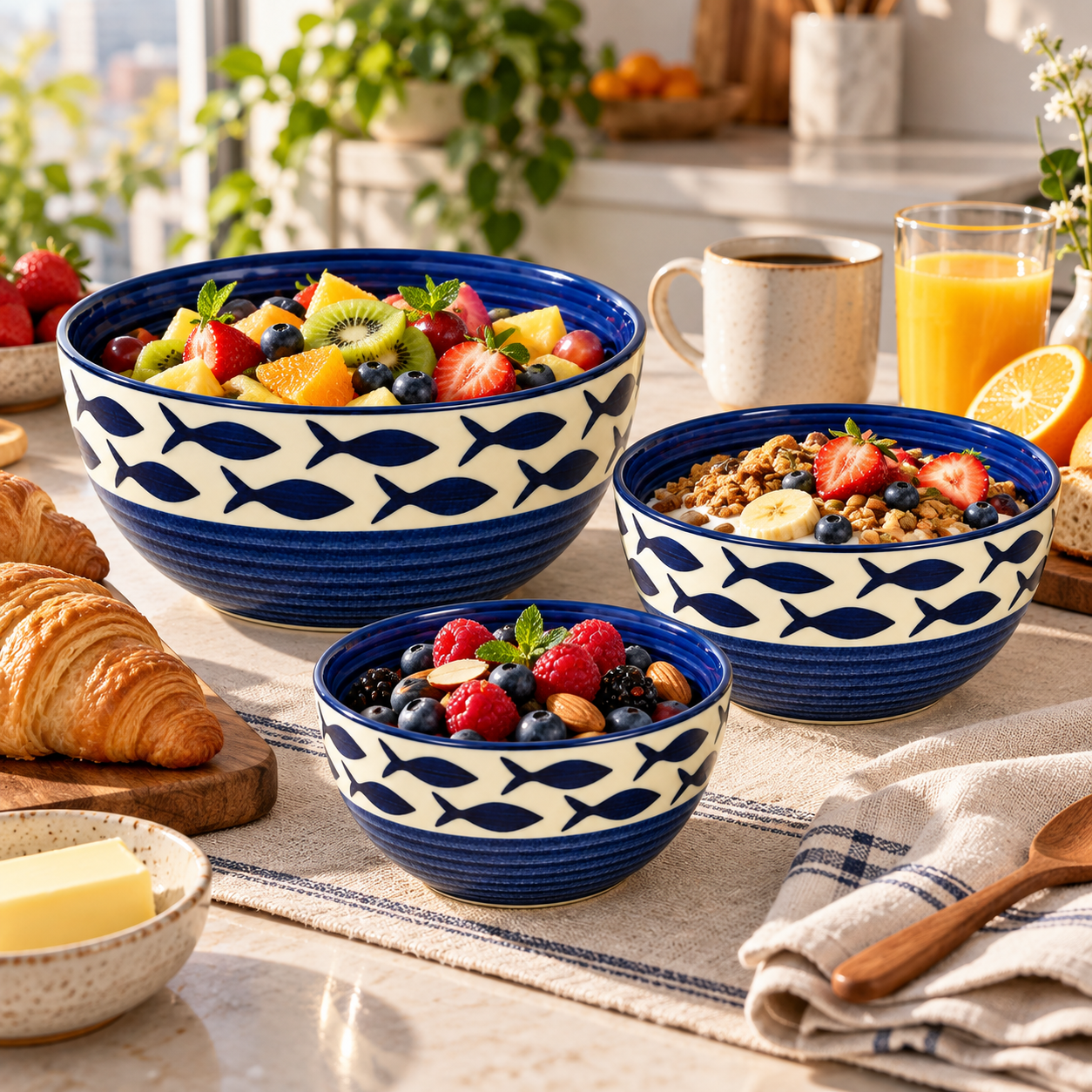 KunhaR Ceramic Mixing Bowl Set, 800 ml, 600 ml & 400 ml, Cream Blue Fish | Set of 3 Nesting Bowls for Mixing, Serving, Salad, Pasta, Snacks & Kitchen Prep - Image 6