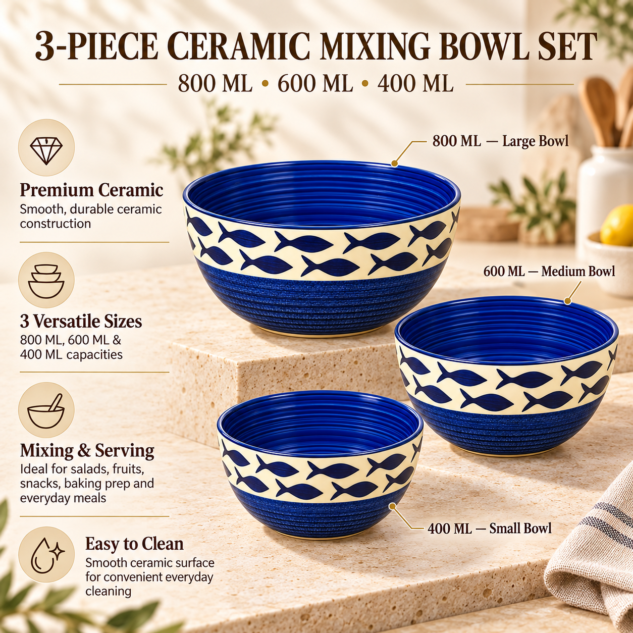 KunhaR Ceramic Mixing Bowl Set, 800 ml, 600 ml & 400 ml, Cream Blue Fish | Set of 3 Nesting Bowls for Mixing, Serving, Salad, Pasta, Snacks & Kitchen Prep - Image 7