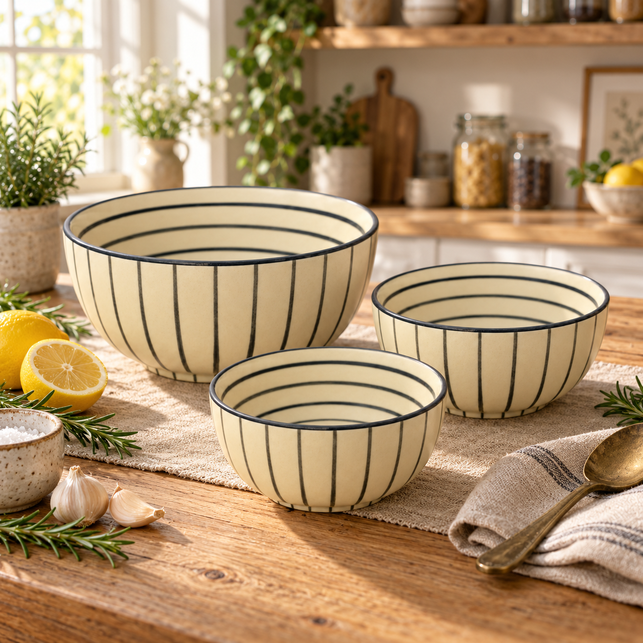 KunhaR Ceramic Mixing Bowl Set, 800 ml, 600 ml & 400 ml, Cream Black Stripes | Set of 3 Nesting Bowls for Mixing, Serving, Salad, Pasta, Snacks & Kitchen Prep