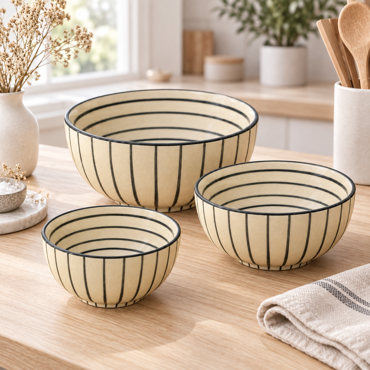 KunhaR Ceramic Mixing Bowl Set, 800 ml, 600 ml & 400 ml, Cream Black Stripes | Set of 3 Nesting Bowls for Mixing, Serving, Salad, Pasta, Snacks & Kitchen Prep - Image 2