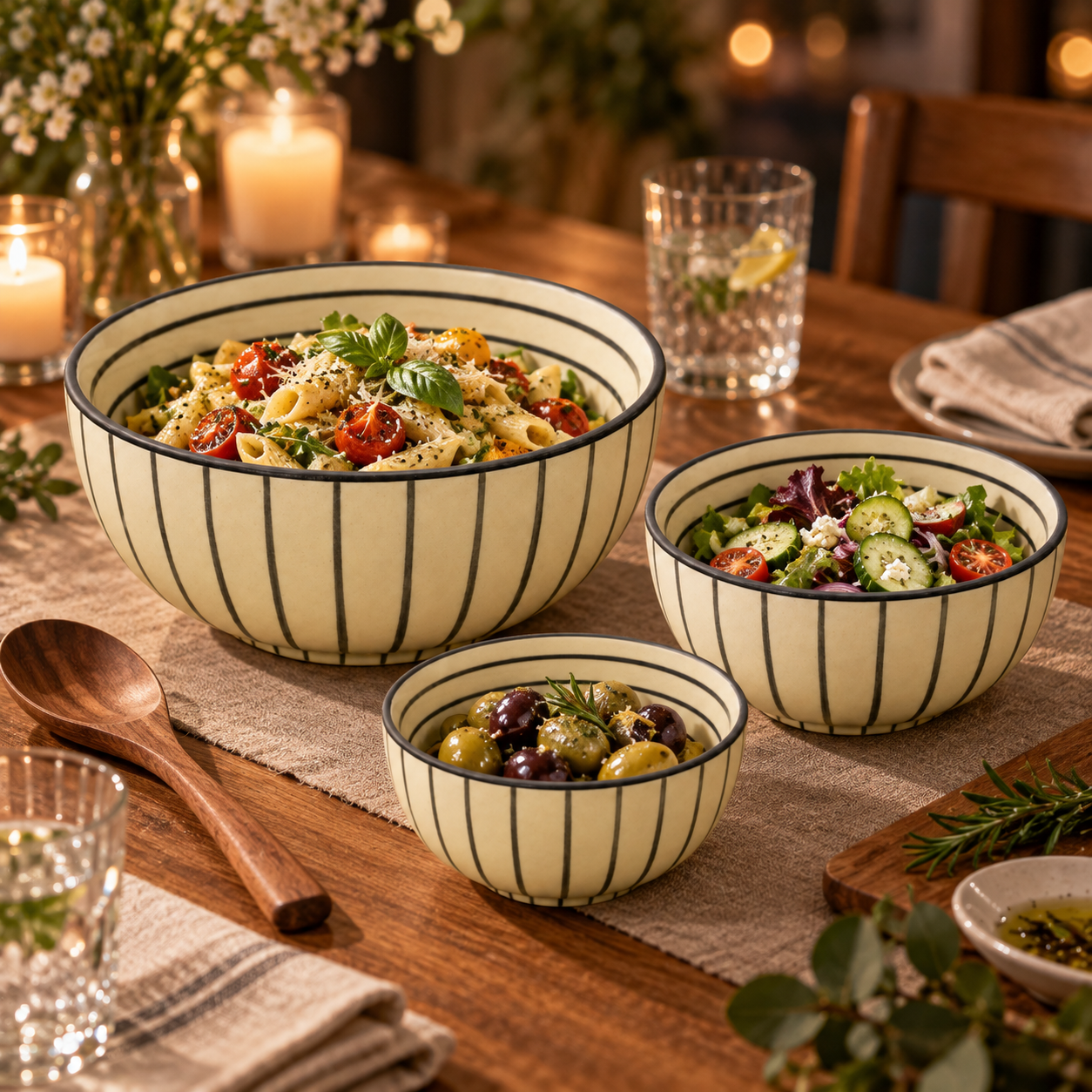 KunhaR Ceramic Mixing Bowl Set, 800 ml, 600 ml & 400 ml, Cream Black Stripes | Set of 3 Nesting Bowls for Mixing, Serving, Salad, Pasta, Snacks & Kitchen Prep - Image 3