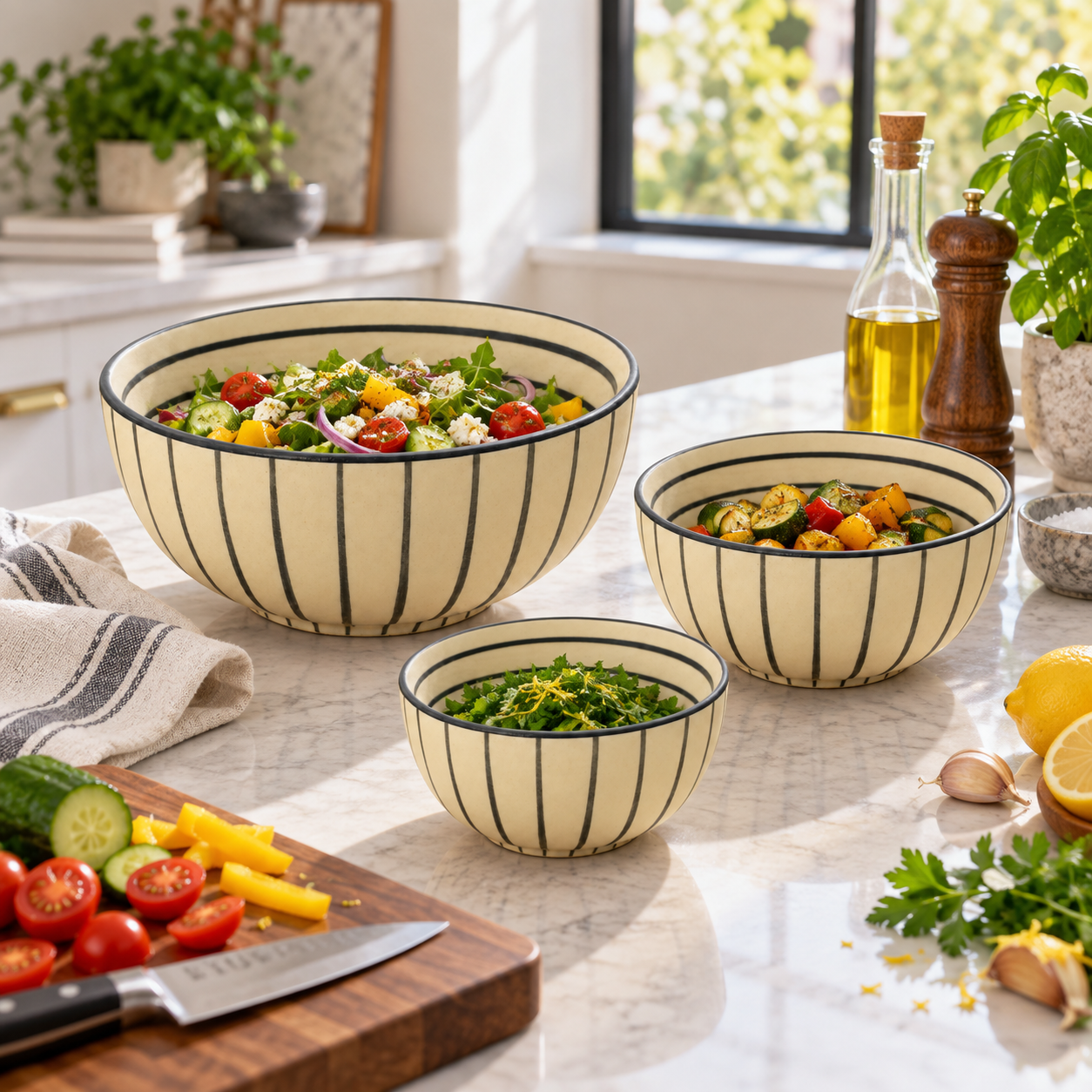 KunhaR Ceramic Mixing Bowl Set, 800 ml, 600 ml & 400 ml, Cream Black Stripes | Set of 3 Nesting Bowls for Mixing, Serving, Salad, Pasta, Snacks & Kitchen Prep - Image 4