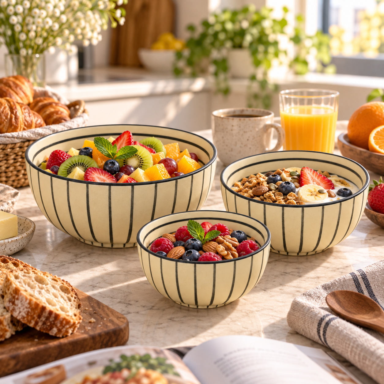 KunhaR Ceramic Mixing Bowl Set, 800 ml, 600 ml & 400 ml, Cream Black Stripes | Set of 3 Nesting Bowls for Mixing, Serving, Salad, Pasta, Snacks & Kitchen Prep - Image 5