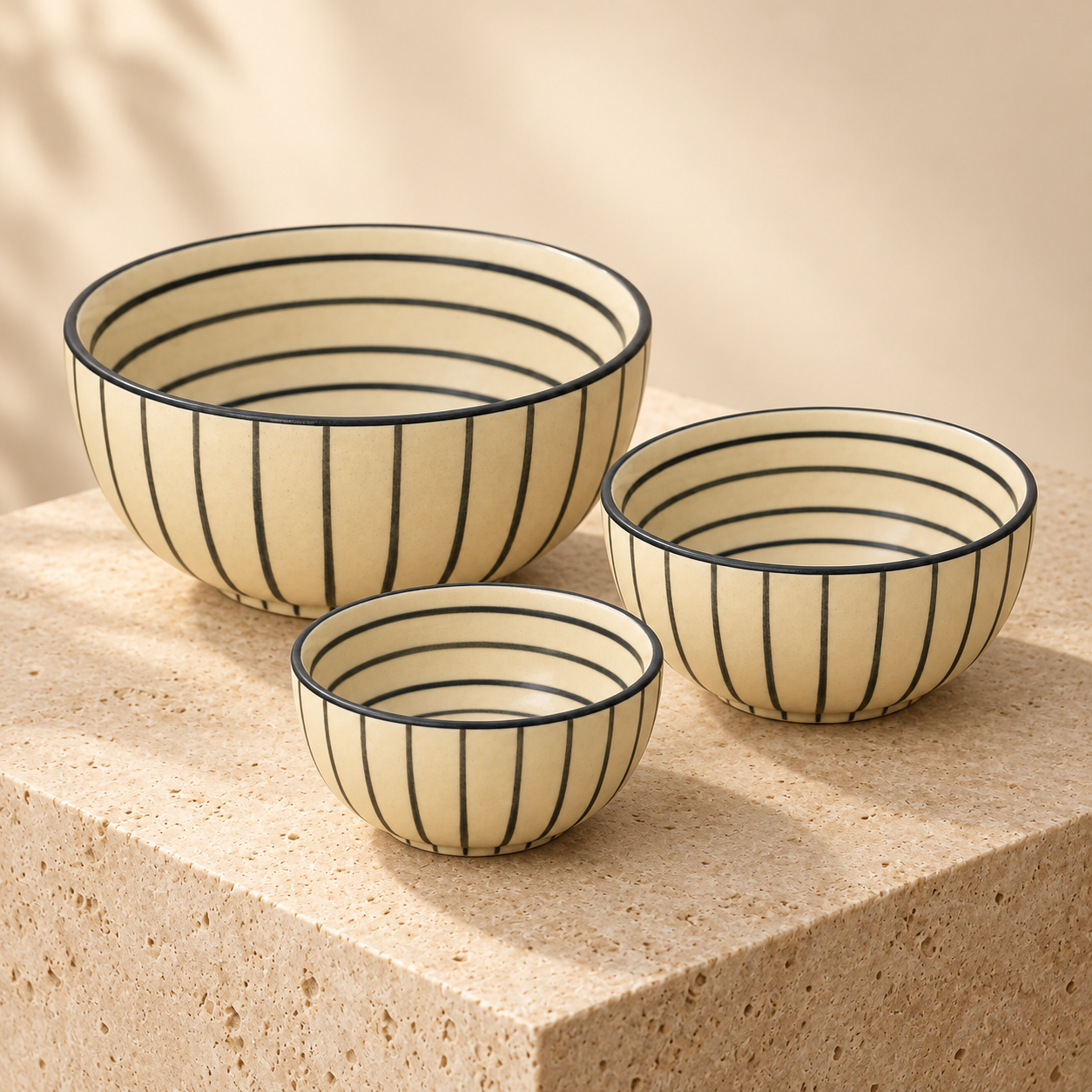 KunhaR Ceramic Mixing Bowl Set, 800 ml, 600 ml & 400 ml, Cream Black Stripes | Set of 3 Nesting Bowls for Mixing, Serving, Salad, Pasta, Snacks & Kitchen Prep - Image 6