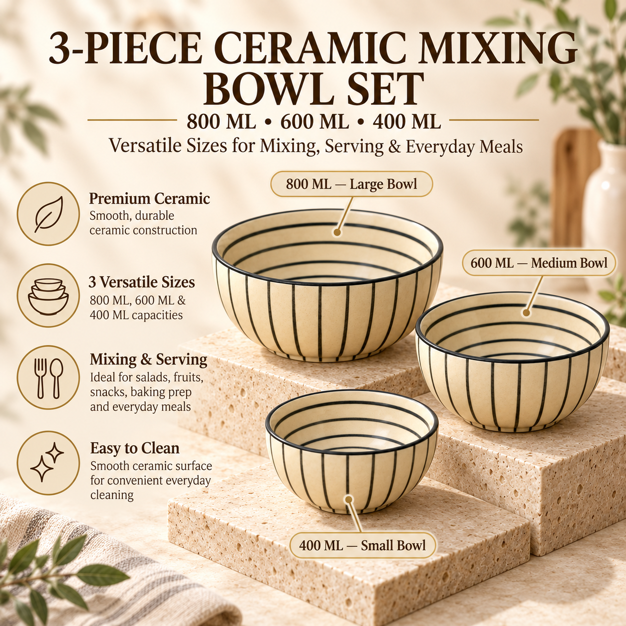 KunhaR Ceramic Mixing Bowl Set, 800 ml, 600 ml & 400 ml, Cream Black Stripes | Set of 3 Nesting Bowls for Mixing, Serving, Salad, Pasta, Snacks & Kitchen Prep - Image 7