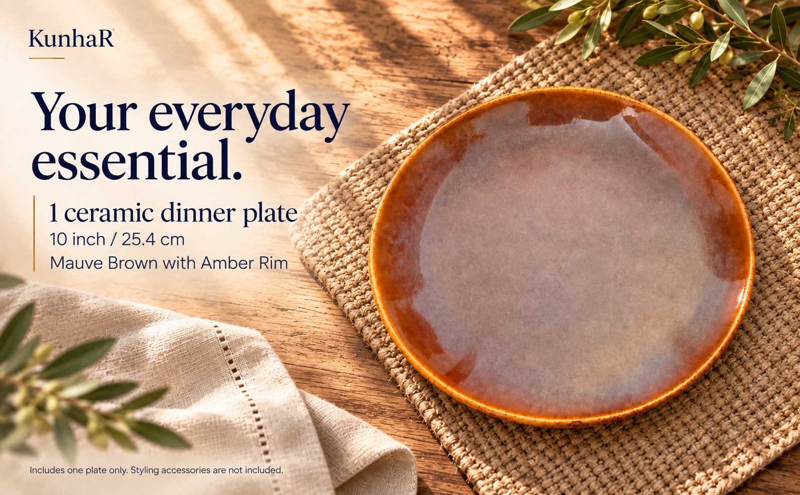 KunhaR Ceramic Dinner Plate, Mauve Brown with Amber Rim, Reactive Speckled Glaze, Premium Stoneware Serving Plate, 10 Inch, Pack of 1 — contents