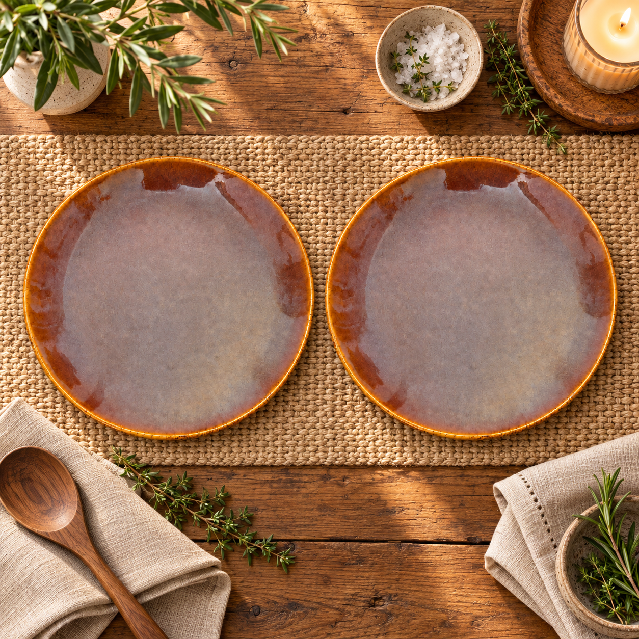 KunhaR Ceramic Dinner Plates, Mauve Brown with Amber Rim, Reactive Speckled Glaze, Premium Stoneware Serving Plate, 10 Inch, Pack of 2