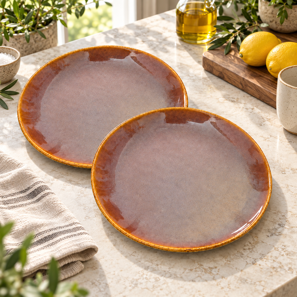 KunhaR Ceramic Dinner Plates, Mauve Brown with Amber Rim, Reactive Speckled Glaze, Premium Stoneware Serving Plate, 10 Inch, Pack of 2 - Image 2