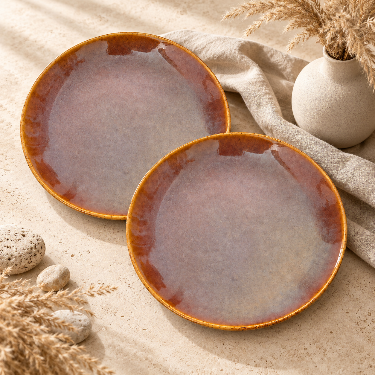 KunhaR Ceramic Dinner Plates, Mauve Brown with Amber Rim, Reactive Speckled Glaze, Premium Stoneware Serving Plate, 10 Inch, Pack of 2 - Image 6