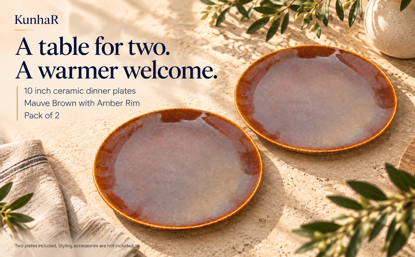 KunhaR Ceramic Dinner Plates, Mauve Brown with Amber Rim, Reactive Speckled Glaze, Premium Stoneware Serving Plate, 10 Inch, Pack of 2 — hero