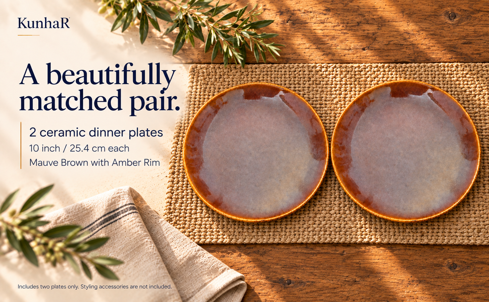 KunhaR Ceramic Dinner Plates, Mauve Brown with Amber Rim, Reactive Speckled Glaze, Premium Stoneware Serving Plate, 10 Inch, Pack of 2 — contents