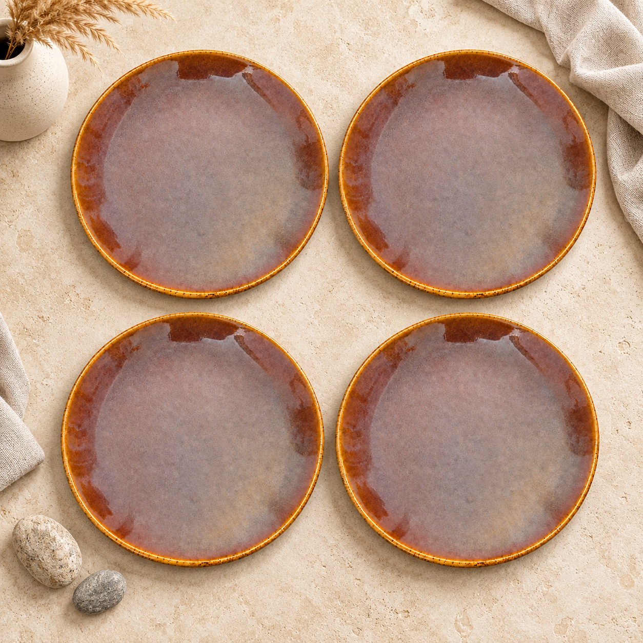 KunhaR Ceramic Dinner Plates, Mauve Brown with Amber Rim, Reactive Speckled Glaze, Premium Stoneware Serving Plate, 10 Inch, Pack of 4 - Image 2