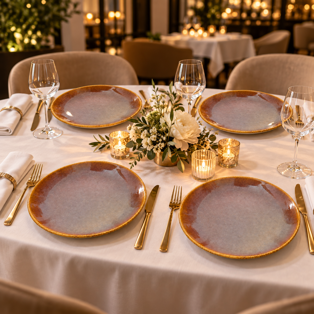 KunhaR Ceramic Dinner Plates, Mauve Brown with Amber Rim, Reactive Speckled Glaze, Premium Stoneware Serving Plate, 10 Inch, Pack of 4 - Image 3