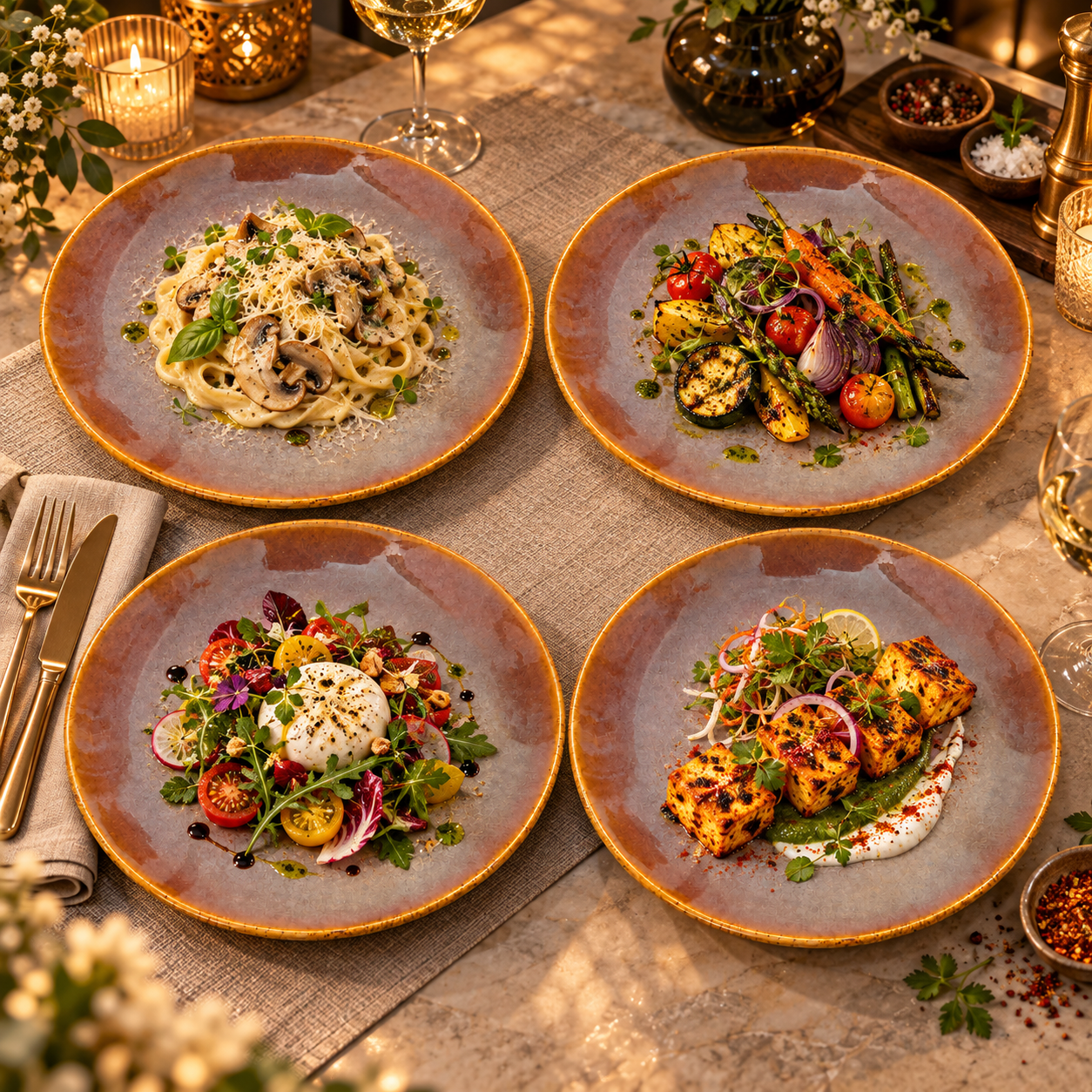 KunhaR Ceramic Dinner Plates, Mauve Brown with Amber Rim, Reactive Speckled Glaze, Premium Stoneware Serving Plate, 10 Inch, Pack of 4 - Image 4