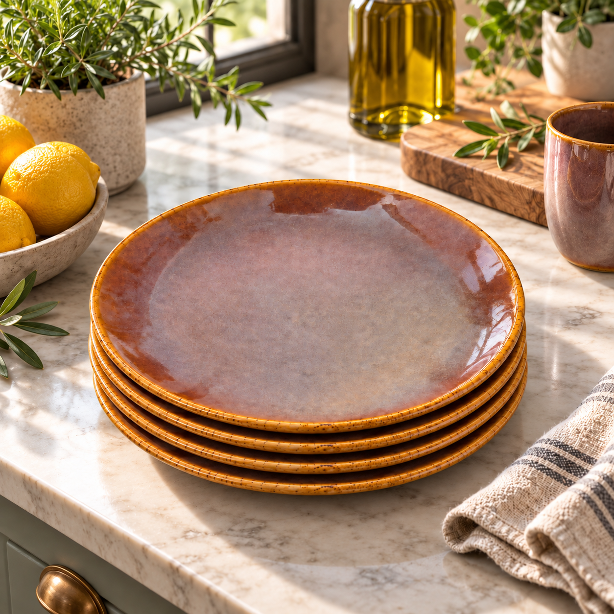 KunhaR Ceramic Dinner Plates, Mauve Brown with Amber Rim, Reactive Speckled Glaze, Premium Stoneware Serving Plate, 10 Inch, Pack of 4 - Image 5