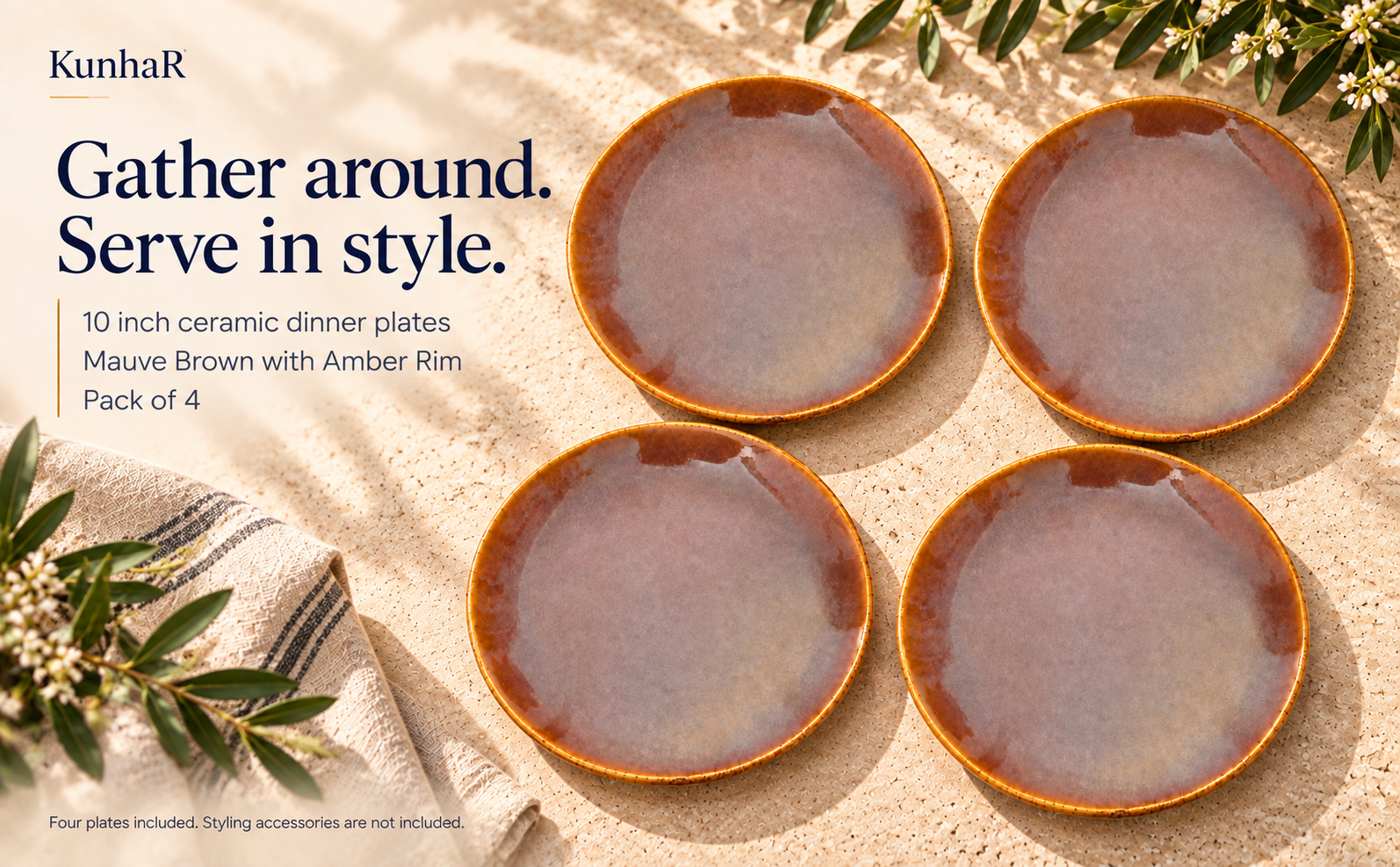 KunhaR Ceramic Dinner Plates, Mauve Brown with Amber Rim, Reactive Speckled Glaze, Premium Stoneware Serving Plate, 10 Inch, Pack of 4 — hero