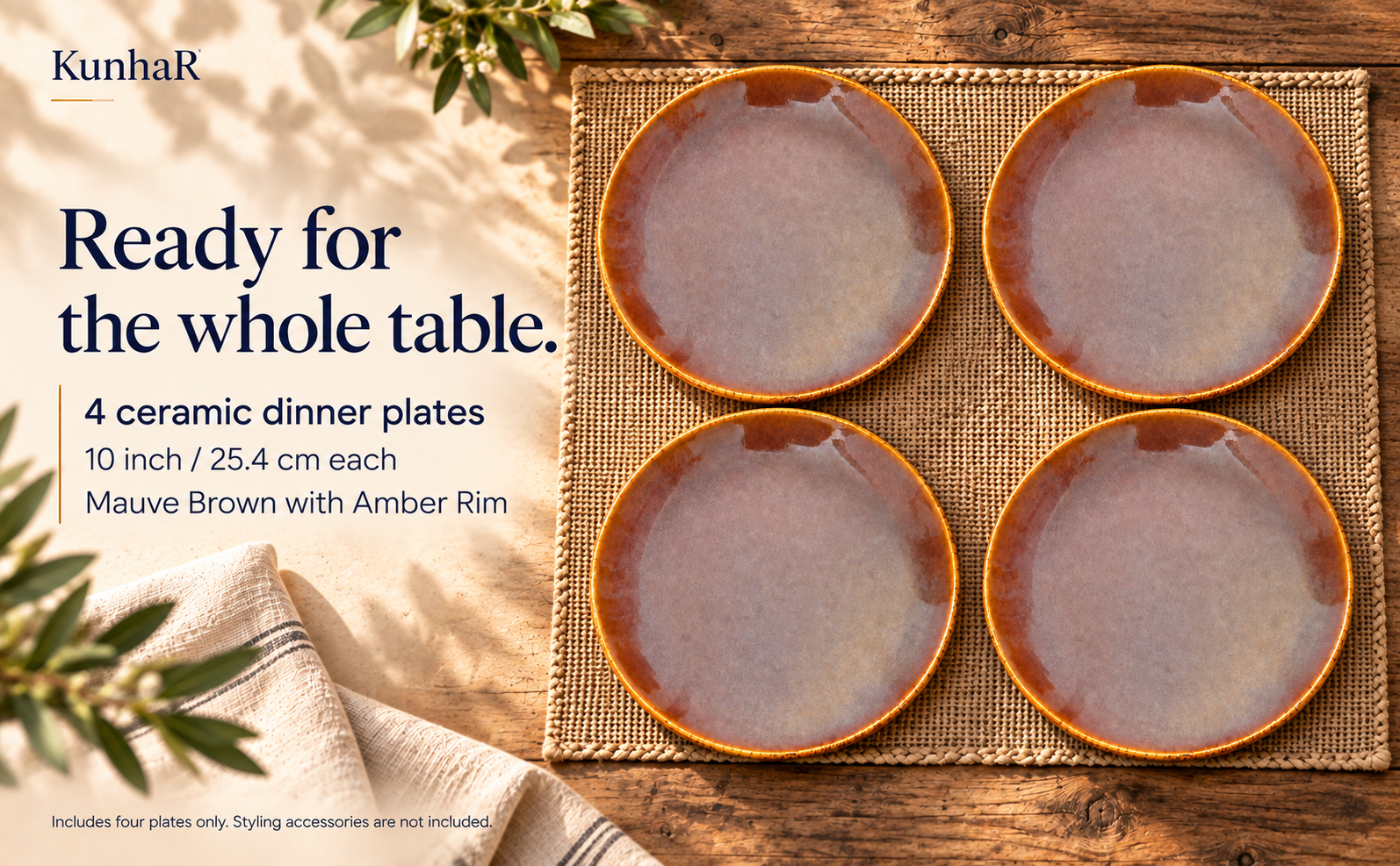 KunhaR Ceramic Dinner Plates, Mauve Brown with Amber Rim, Reactive Speckled Glaze, Premium Stoneware Serving Plate, 10 Inch, Pack of 4 — contents