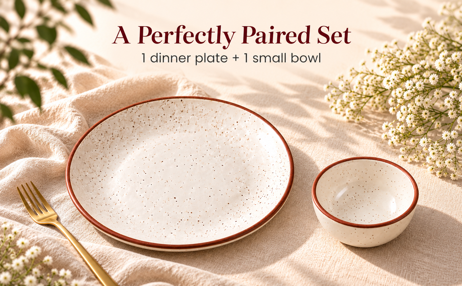 KunhaR Ceramic Dinner Plate & Dessert Bowl Set, Rustic Ivory Speckled Finish, 10 Inch Plate with 150 ml Bowl, 2 Pieces – visual story 1