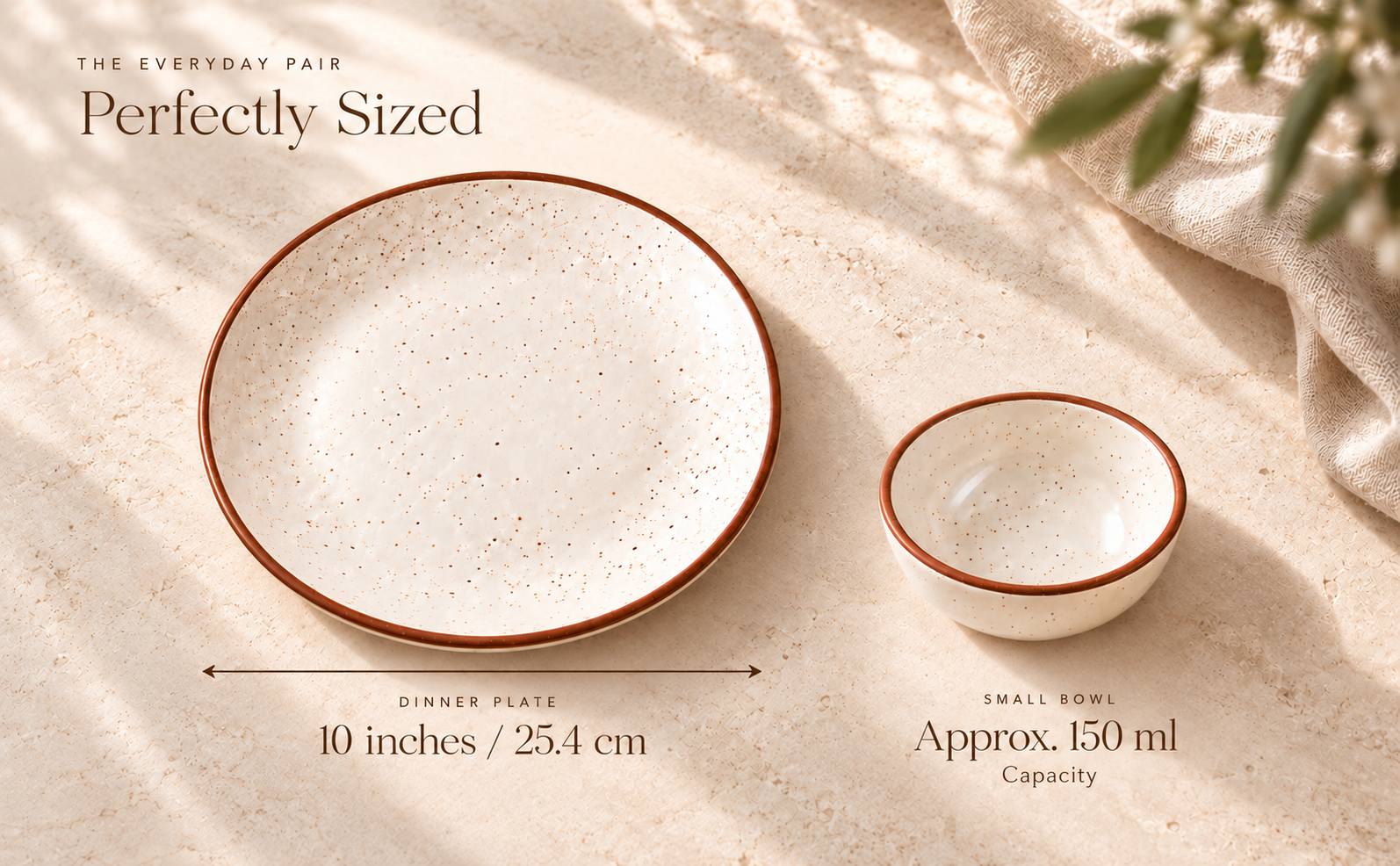 KunhaR Ceramic Dinner Plate & Dessert Bowl Set, Rustic Ivory Speckled Finish, 10 Inch Plate with 150 ml Bowl, 2 Pieces – visual story 6