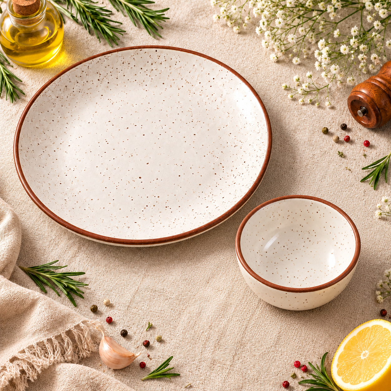 KunhaR Ceramic Dinner Plate & Dessert Bowl Set, Rustic Ivory Speckled Finish, 10 Inch Plate with 150 ml Bowl, 2 Pieces – image 1