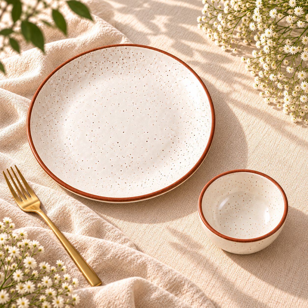 KunhaR Ceramic Dinner Plate & Dessert Bowl Set, Rustic Ivory Speckled Finish, 10 Inch Plate with 150 ml Bowl, 2 Pieces – image 2