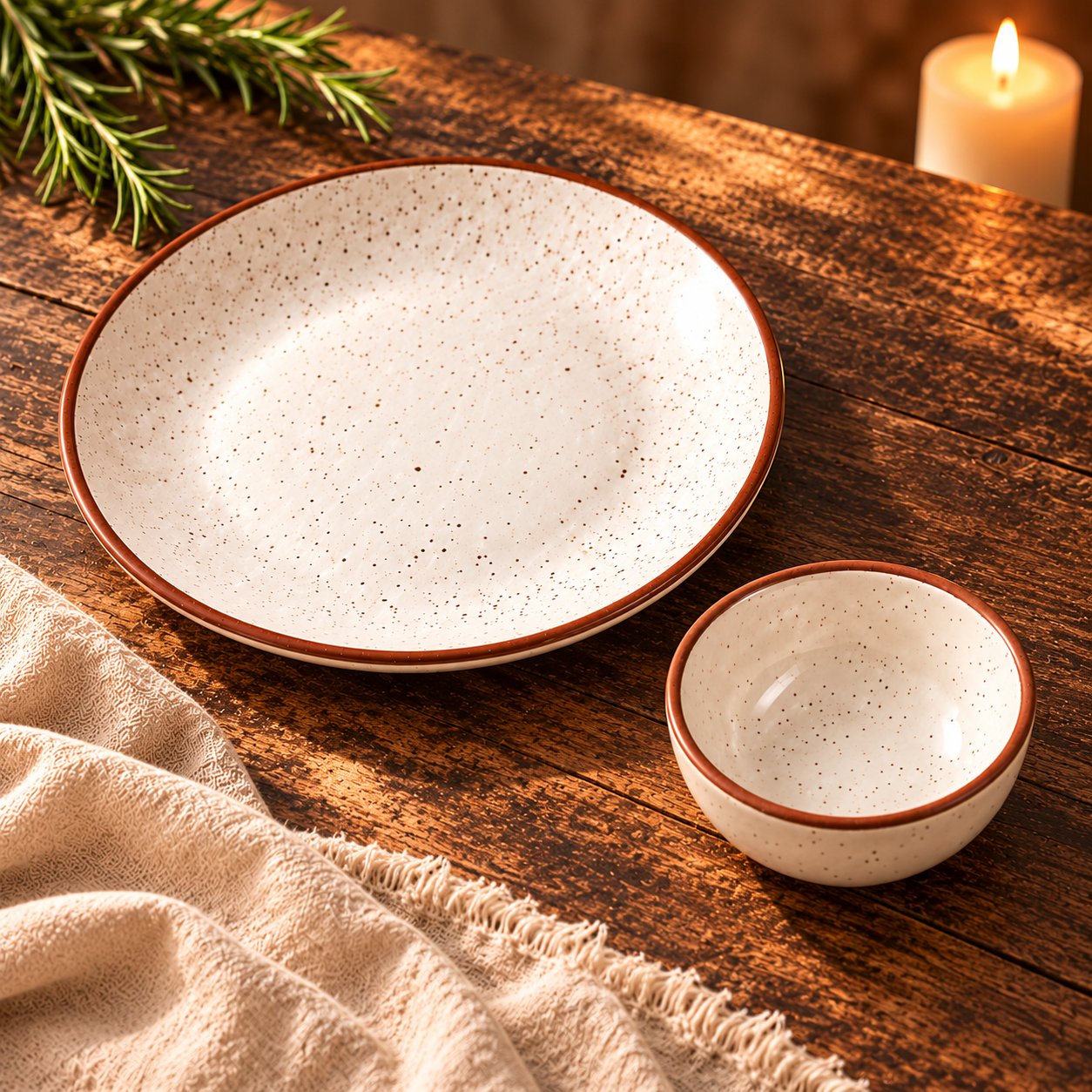 KunhaR Ceramic Dinner Plate & Dessert Bowl Set, Rustic Ivory Speckled Finish, 10 Inch Plate with 150 ml Bowl, 2 Pieces – image 6
