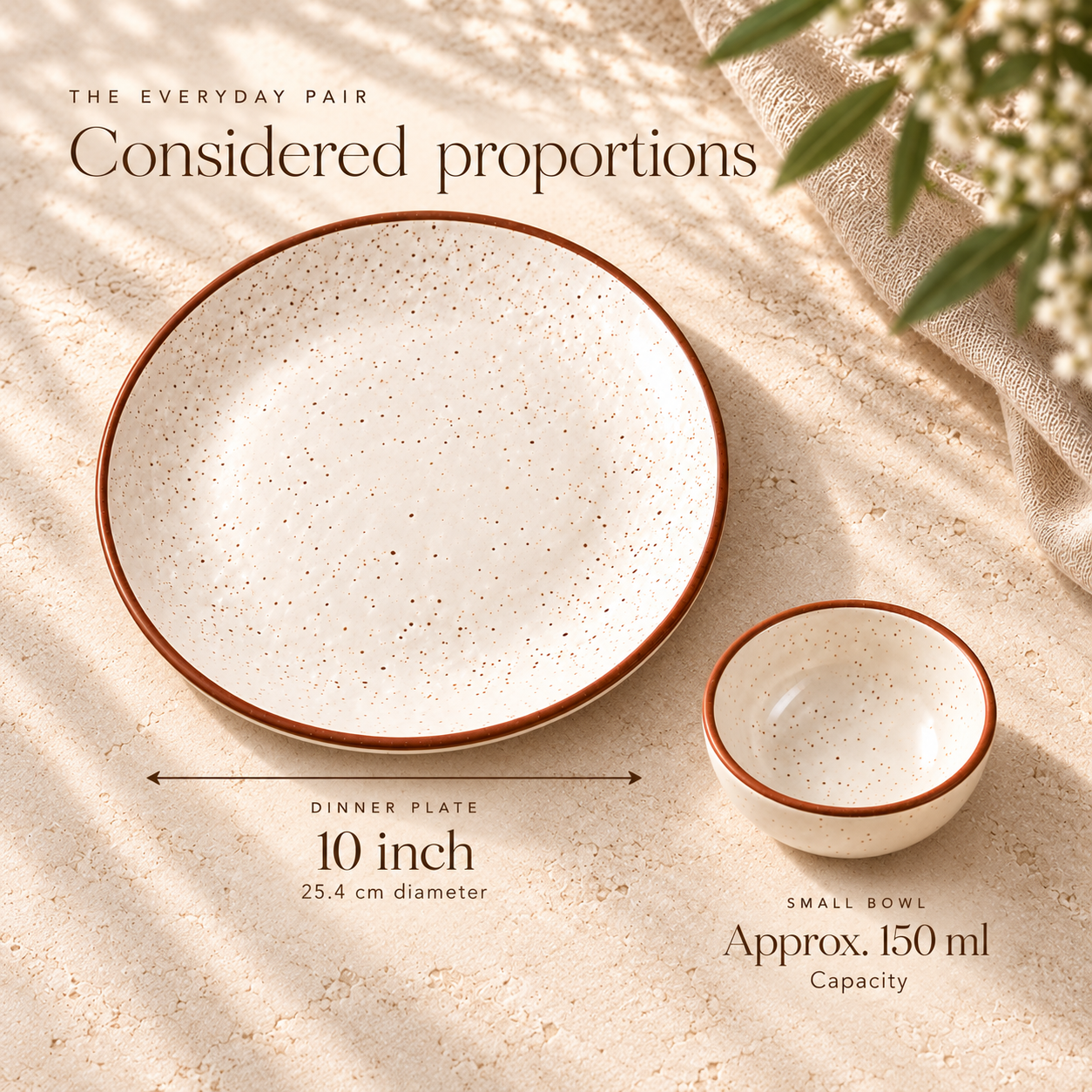 KunhaR Ceramic Dinner Plate & Dessert Bowl Set, Rustic Ivory Speckled Finish, 10 Inch Plate with 150 ml Bowl, 2 Pieces – image 7