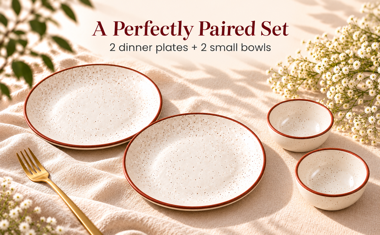 KunhaR Ceramic Dinner Set, Rustic Ivory Speckled Finish, 2 x 10 Inch Dinner Plates with 2 x 150 ml Dessert Bowls, 4 Pieces – visual story 1