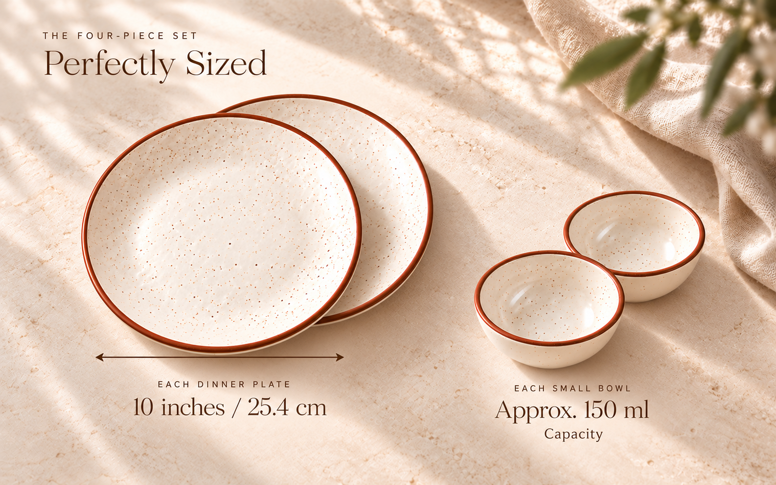 KunhaR Ceramic Dinner Set, Rustic Ivory Speckled Finish, 2 x 10 Inch Dinner Plates with 2 x 150 ml Dessert Bowls, 4 Pieces – visual story 6