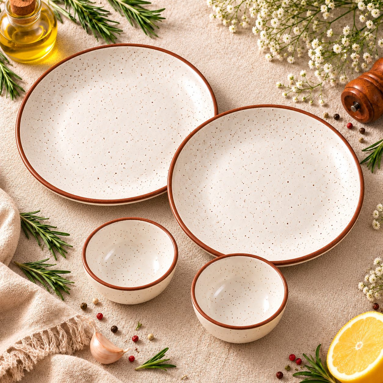 KunhaR Ceramic Dinner Set, Rustic Ivory Speckled Finish, 2 x 10 Inch Dinner Plates with 2 x 150 ml Dessert Bowls, 4 Pieces – image 1