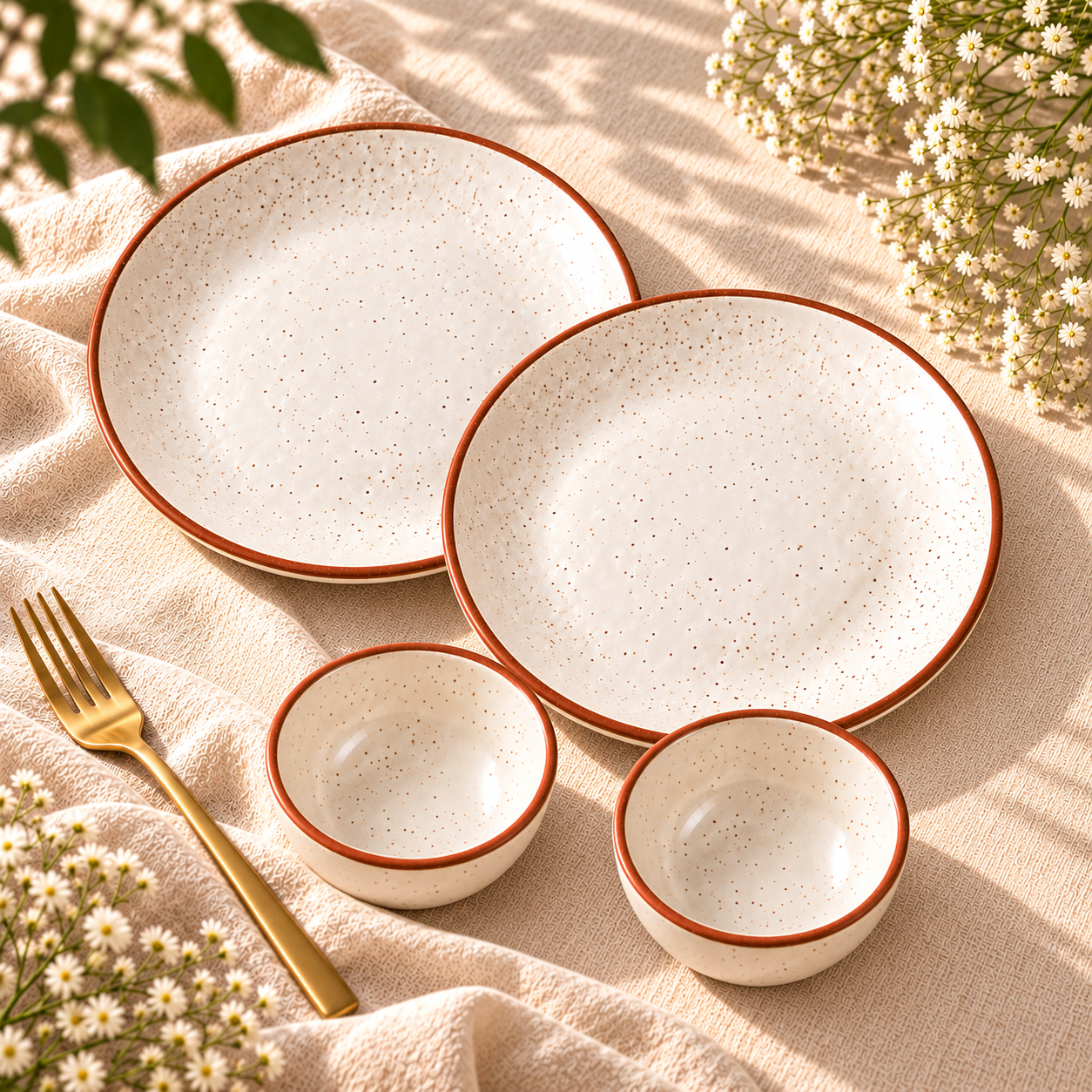 KunhaR Ceramic Dinner Set, Rustic Ivory Speckled Finish, 2 x 10 Inch Dinner Plates with 2 x 150 ml Dessert Bowls, 4 Pieces – image 2