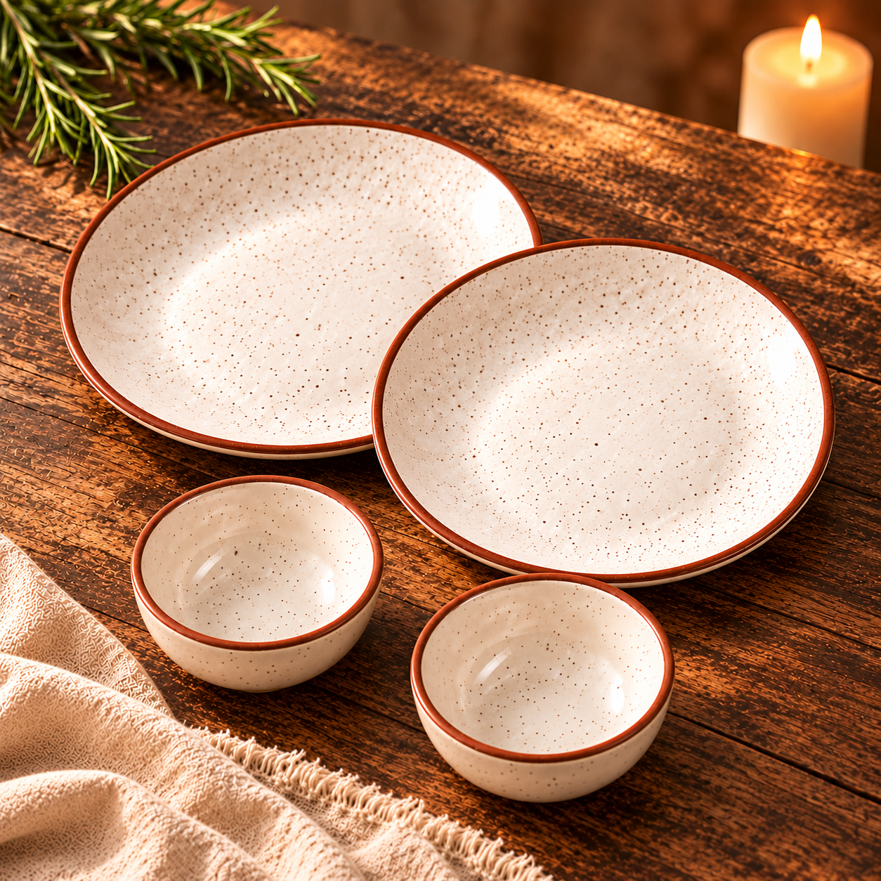 KunhaR Ceramic Dinner Set, Rustic Ivory Speckled Finish, 2 x 10 Inch Dinner Plates with 2 x 150 ml Dessert Bowls, 4 Pieces – image 6