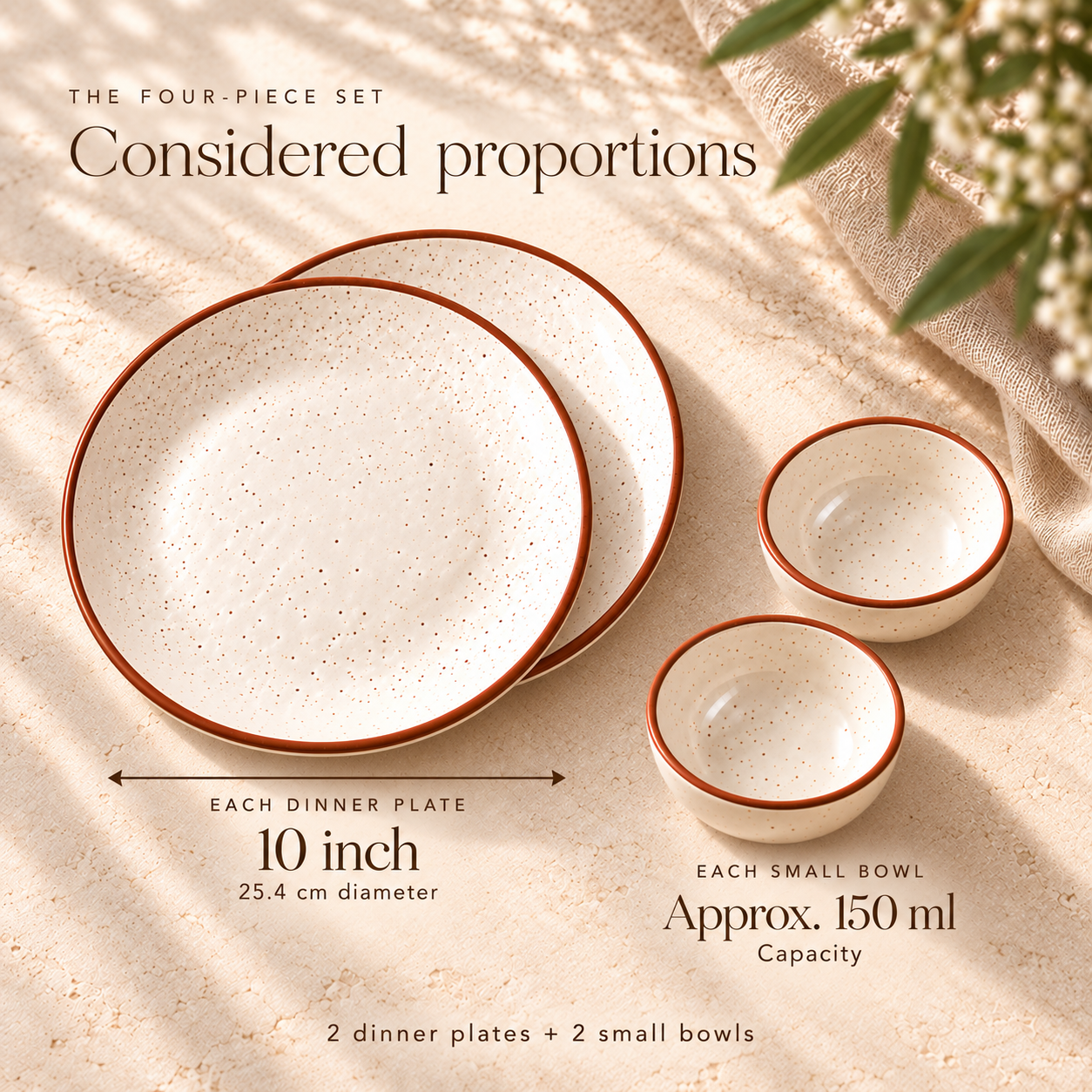 KunhaR Ceramic Dinner Set, Rustic Ivory Speckled Finish, 2 x 10 Inch Dinner Plates with 2 x 150 ml Dessert Bowls, 4 Pieces – image 7